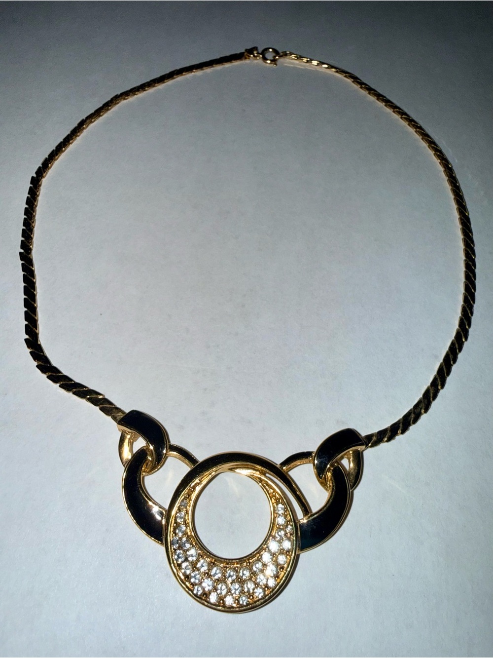 Vintage Signed Trifari Necklace GoldTone Black Enamel Crystal Statement Necklace